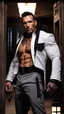 Placeholder: Jason David Frank Very muscular man with short hair and tribal tattoos piercings wearing a white open necked button up shirt and black suit jacket dark fantasy standing in a doorway