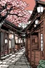 Placeholder: streetscape illustration showcasing an old corner and street . a narrow alleyway adorned with lanterns leads to a traditional Japanese wooden house with a cherry blossom tree in bloom,line drawing ,vived colors