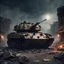 Placeholder: apocalyptic , atmospheric ancient Panzer Tank with luggage ruined city night