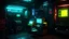 Placeholder: dimly lit grimy cyberpunk security room with a single helmet inside