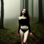 Placeholder: beautiful goddess , great body, long legs, beautiful clothes, long hair, beautiful face, in a gloomy forest, fog-covered air, darkness, eerie atmosphere, eerie music, dim moonlight, camera set to film noire, shallow depth of field, low saturation, high contrast