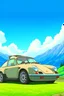 Placeholder: a porche car, mountains in the background, Ghibli style anime