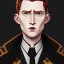 Placeholder: general hux 3/4 view, wearing a black First Order uniform, serious, imposing figure, thick eyebrows, digital art, wearing a black First Order uniform, green eyes, gray background, sepia filter