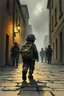 Placeholder: The nightmare small child having a bag pack walks in the streets, at war time , in the street with some soldiers illustration by Stephen Gammell