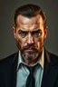 Placeholder: portrait of a 40 year old Handsome, smart gang boss with lightly tanned skin. medium length brown hair slicked back and a goatee beard. mean looking. wearing a dark suit. photorealistic