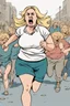 Placeholder: an obese terrified blonde woman running away from an angry mob