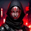 Placeholder: female black assassin with glowing red eyes shaved head post-apocalyptic background, anime style