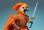 Placeholder: half parrot half human in a orange Dutch uniform with a katana having a sword fight against a skeleton