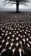 Placeholder: a field of thousands of hands of bodies buried in the ground not visible, horror, hands in different shapes coming out from the ground towards the sky , surrounded by a tree without leaves,Busch painting style nightmare