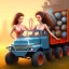 Placeholder: upper body of cute girls holding hands inside dumper truck, book cover, fantasy art, sketch, movie poster