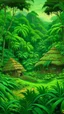 Placeholder: A green jungle with tribal huts painted by Frank Wilson