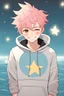 Placeholder: A an androgynous young man with tousled pink hair and golden eyes floating among the stars wearing a light blue hoodie and black board shorts. He is smiling softly and holding a star in one hand.