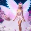 Placeholder: cute fantasy fairy with luminous wings, smiling, make up, long platinum blond hair with crown and flowers, pink dress, unreal engine