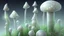 Placeholder: tall narrow delicate detailed mushrooms, with umbrella caps, phosphorescence glowing in the night