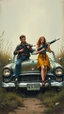 Placeholder: A 1960 ford black with broken front lights cracked colour a man and a woman holding machine guns standing by the car like in a forgotten battlefield overrun by vegetation, cutesy tiktok detailed oil painting, grainy, old style