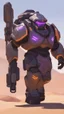 Placeholder: A close picture to Ramattra nemesis form as tank body with Arab rob in overwatch art style with black color and neon purple details in Desert