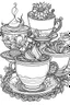 Placeholder: Outline art for coloring page, AVANT GARDE DRAWING TEACUP SET ON A TABLE, coloring page, white background, Sketch style, only use outline, clean line art, white background, no shadows, no shading, no color, clear