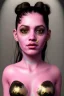 Placeholder: Realistic image, Rosalía artist, portrait, waist up portrait, long black eye line, sweet, gold and pink geisha style, spray glow make up, led lights, neon, led piercing nose, led ornament, fog, bubble latex coat, vibrant color, highly detailed, art stations, concept art, smooth, unreal engine 5, god rays, ray tracing, RTX, lumen lighting, ultra detail, volumetric lighting, 3d, finely drawn, high definition, high resolution.