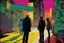Placeholder: classic painting of a cyberpunk colourful walkway with two people making an exchange in the city with pollution by andy warhol