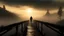 Placeholder: walking straight ahead over a wooden bridge, holding the angel of death with your right hand, entering the fog at the end of the road that leads to the afterlife, a stream from the mountains flows from the right and left, and a beautiful sunset behind the fog, realistic