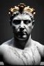 Placeholder: Ultra Realistic image, Roman sculpture, white marble material, young Ronaldo Nazario, gold crown of natural thorns, god crown, gold veins, gold ornaments, Renaissance style, sun rays background, waist up portrait, epic, celestial, cinematic lighting, God lights, 4k resolution, smooth details, soft lighting, unreal engine 5, art station, substance 3d.