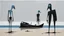 Placeholder: long-legged lean black-grey figures with beak-shaped heads (wearing white khiton) standing in front of a boat wreck on a radioactive beach, acrylic painting, minimal art, centered, wild sparse brushstrokes, amazing verticals, great parallels, low bleak colors of gray, blue and black, excellent negative space contrasts