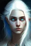 Placeholder: hauntingly beautiful character for dnd, young woman with white hair and blue eyes, angel