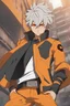 Placeholder: Young man with vivid orange and punk hair, vivid yellow eyes, smug, orange and brown futuristic clothes, wearing an eyepatch, urban background, RWBY animation style