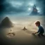 Placeholder: lonely ghost of a little boy playing by himself with a castle of sand at an eerie beach close to a starfish and a bone.