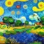 Placeholder: Dibujo al oleo de una pradera con una casa y un rio con una grulla con muchas nubes de colores estilo Vincent van Gogh