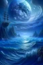 Placeholder: raging sea, blue-white, airy, wind, clouds of smoke, epic, fabulous landscape,3D,horror, 16k,surrealism,detailed drawing of details, transparent watercolor, clear outline, starfall, beautiful night landscape, dark fantasy, blue, white, lilac, neon, detailed, engraving, color illustration, star map, moon, stars, space