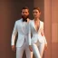 Placeholder: 8K, a Highly detailed stunning image of Dom man with a submissive woman, woman pose Nadu, a white suit, beard, and short hair,