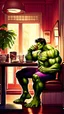 Placeholder: Artgerm, hulk sitting at a cosy diner, having a coffee, vain attitute, serenity, detailed, 8k, q2