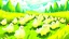 Placeholder: Fantasy cartoon illustration: trail of marshmallow chicks in the grass