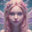 Placeholder: a pink castle, a cheerful fairy in front, big smile, pink, blonde hair, beautiful, whole face, whole top hair head, wide open blue eyes, transparent wings onn the back, hyperrealism, masterpiece, expert, cinematic lighting, sharp focus, 8K, pastel, macro lens, woman, detailed, flower