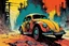 Placeholder: create an abstract, powereful, stripped down, post apocalyptic Volkwagen beetle hot rod with highly detailed features, lost in a horrific industrial wasteland, in the comic book art style of Bill Sienkiewicz, Mike Mignola, and Jean Giraud Moebius , searing lines , forceful strokes, precisely drawn, inked, and colored