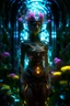 Placeholder: Princess in a dress, filigreed flowers, molten transparent glass and crystal in a magical neon forest, light elements, detailed leaves, cyberpunk flickers in the petals, light botanical, cyber art, art bionicle, cyberpunk style, 16k, 100mm lens, f/8, symmetry