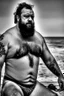 Placeholder: half-lenght Photography of turkish serious ugly dirty stocky muscular chubby 51 years old in swimwear, long beard, curly hair, tattoo, relaxed sitting on an a beach chair at the beach, crossed arms, open big manly legs, manly chest, photorealistic, angry eyes, sunshine, ambient occlusion, misery and poverty, desperation, redneck, highly detailed, frontal ground view , trending on artstation, sharp focus, studio photo, intricate details, highly detailed, by greg rutkowski