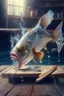 Placeholder: portrait of a beautiful genius fish with hands and fingers, down in the sparkly water, producing a wooden table and a big knife, 3d rendering, depth of field