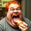 Placeholder: fat man with red hair eating a hot dog, realistic photo, big mouth open