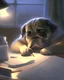 Placeholder: an exhausted pepe the dog commiting tax fraud, paperwork, desk, cozy, night- key lighting, soft lights, foggy, by steve hanks, by lisa yuskavage, by serov valentin, by tarkovsky, 8 k render, detailed, cute cartoon style, very cute face