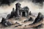 Placeholder: dark creepy fantasy watercolor painting of small mausoleum ruins in the distance on top of a very large barren rocky hill with black obsidian pillars