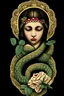 Placeholder: La Virgen de Guadalupe with a flower over her face. Behind her head is a snake. There are roses on her dress