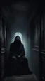 Placeholder: a black hooded shadow sitting alone in a sleepless night inside a dark train in a delusional state haunted by ghostly images, paint it in the baroque style, as if the man is horrified