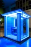 Placeholder: crea una vista por dentro de una cabina portátil cuadrada pequeña dentro de una universidad de color blanca con ventanas transparentes y luces led de color azules en el techo que ambienten la cabina, y allá una cámara de seguridad dentro de la cabina