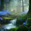 Placeholder: fantasy concept art, dynamic lighting, Intricately detailed, Splash screen art, deep color, Unreal Engine, volumetric lighting, blue flowers, moss, leather, fantasy library artwork, creek, forest,