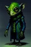 Placeholder: Artist Jean-Baptiste Monge style. A old biomorph male humanoid with Lizard face. Bright eyes. A green and blue striped outfit. Modifiers: Tim Burton Craig Rutkowski Modifiers:neon glowing Iridescent black ink