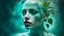 Placeholder: old retro photograph, light vignette, faded, worn and cracked, double exposure, surrealism, female humanoid from another world, red lips, half body, greenish blue pale transparent glowing skin, bald head, plants growing out of head, tattoo on head, alien transparent eyes, double exposure, hyperdetail, double exposure, Anna Razumovskaya, Anna Dittmann, Luis Royo, Neo-impressionism, expressionism, oil painting. Bold, detailed and textured brushstrokes reminiscent of Royo and Peter Coulson. Deep co