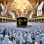 Placeholder: The scene in Mecca: People wearing white Ihram clothes, men without head coverings, women with veils, circumambulating around the Kaaba, and above them are transparent white spirits of children, men, and women with wings revolving around the Kaaba.