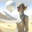 Placeholder: An oil painting of a futuristic girl made of a transparent balloon, from Dune's film, in an Expressionist style, inside a light white digital desert landscape.